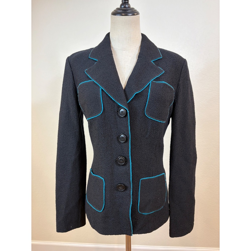 St‎ John Knit Blazer 8 Black Turquoise wool blend Jacket Quiet Luxury old money